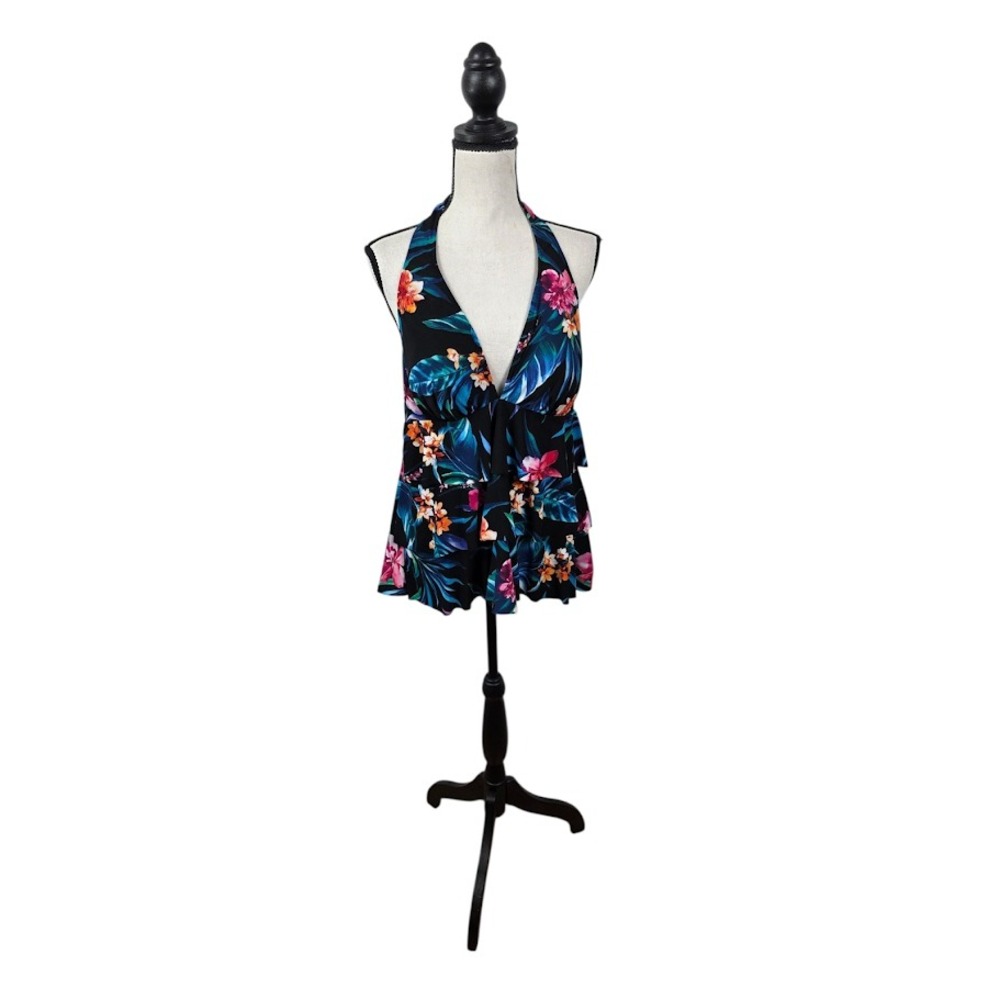 Island Escape Tankini Top Womens 18 Black Floral Tiered Halter Padded Swimwear